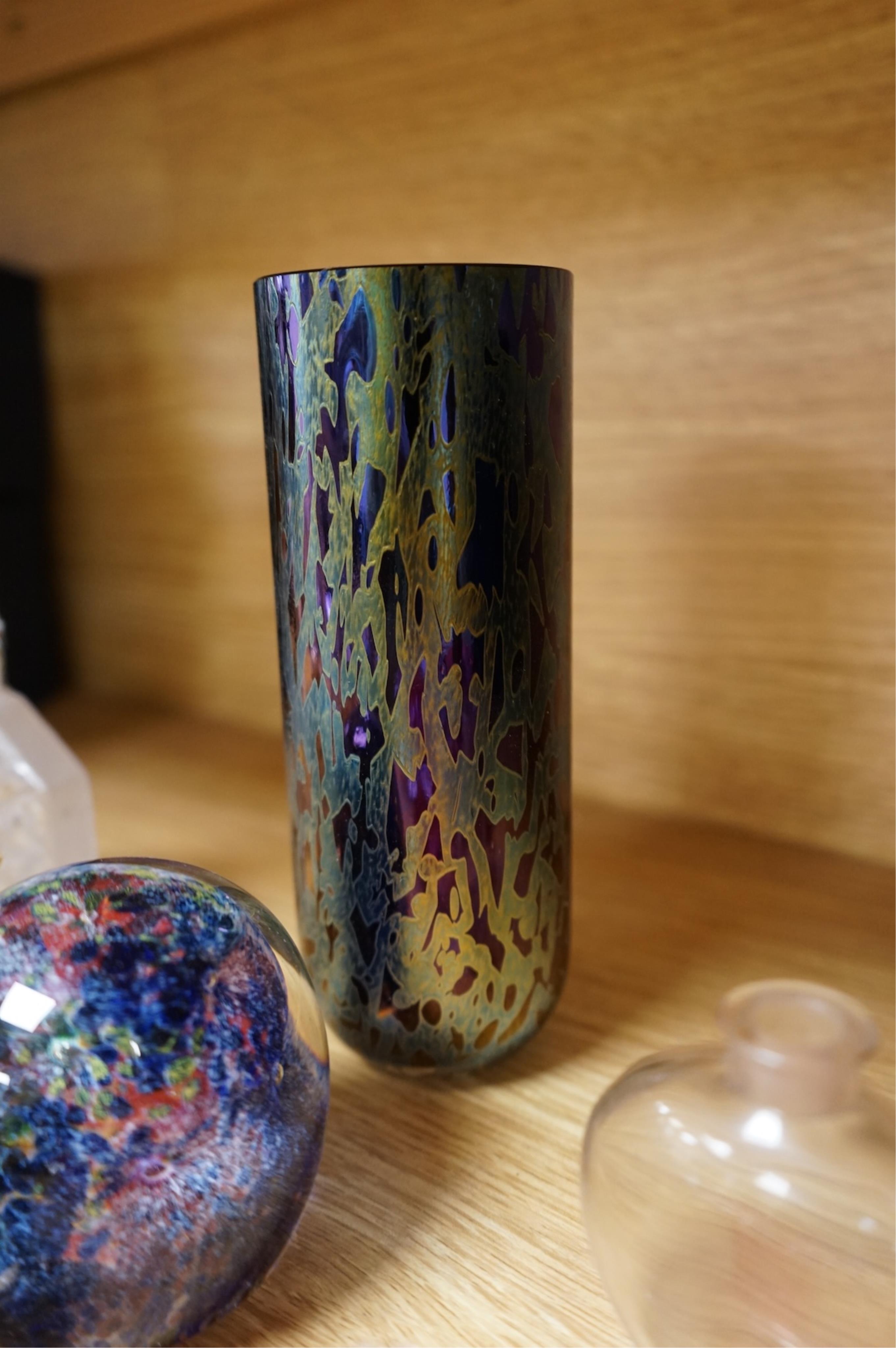 A collection of scent bottles, cranberry glass salts, three glass paperweights and a vase. tallest 18cm high